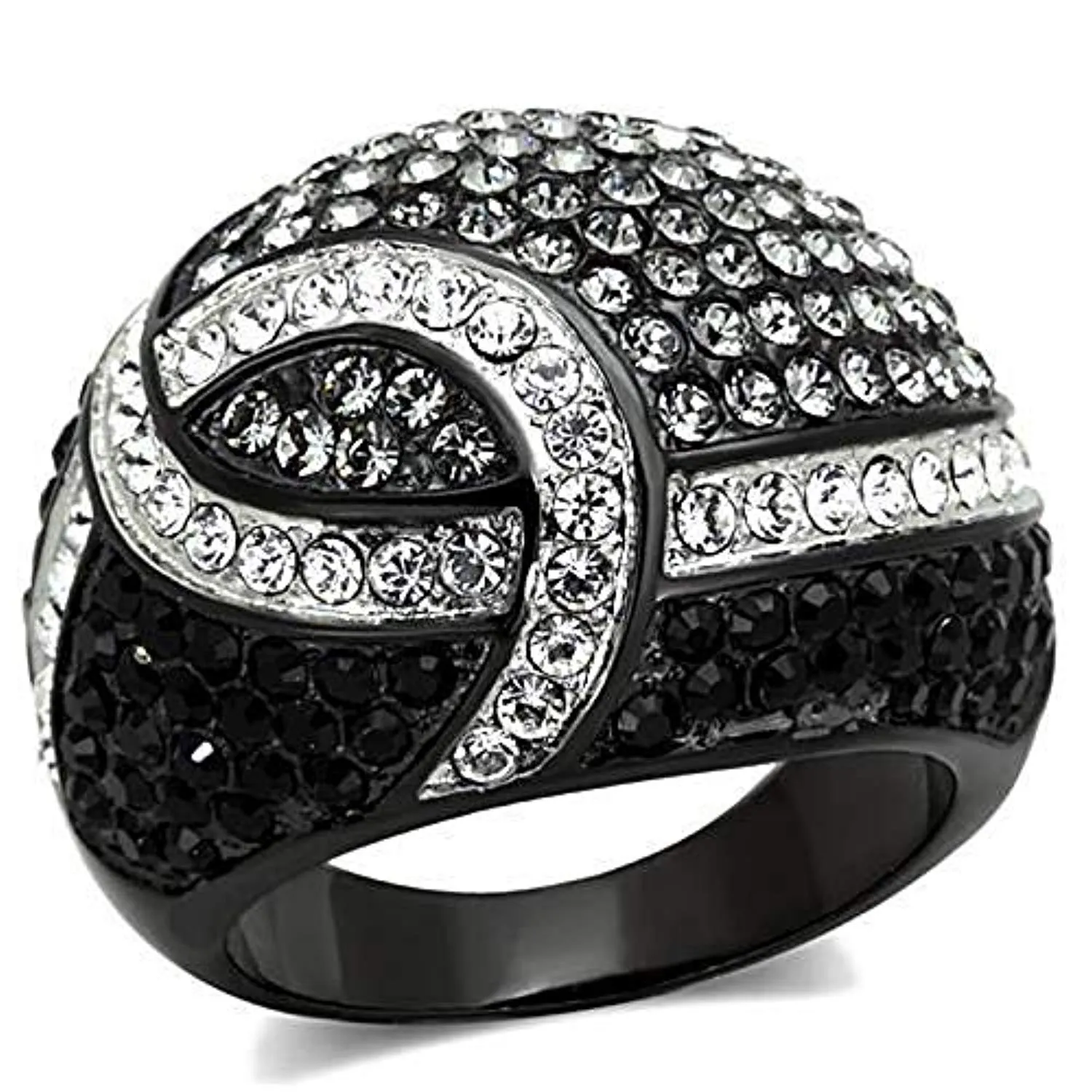 WildKlass Stainless Steel Ring Two-Tone IP Black Women Top Grade Crystal Black Diamond