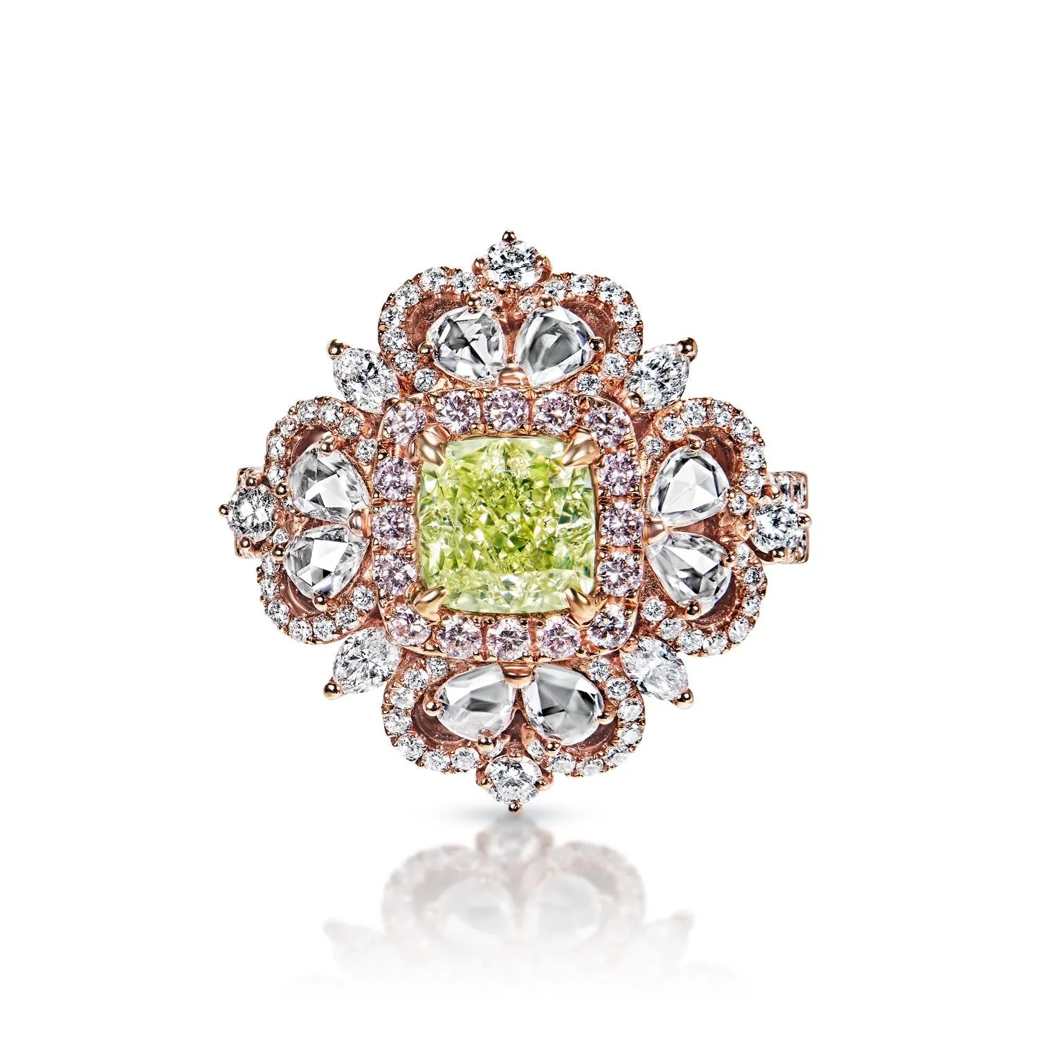 Yara 1 Carat Natural Fancy Yellow-Green SI1 Cushion Cut Diamond Engagement Ring in Rose Gold. By Mike Nekta GIA Certified