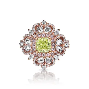 Yara 1 Carat Natural Fancy Yellow-Green SI1 Cushion Cut Diamond Engagement Ring in Rose Gold. By Mike Nekta GIA Certified