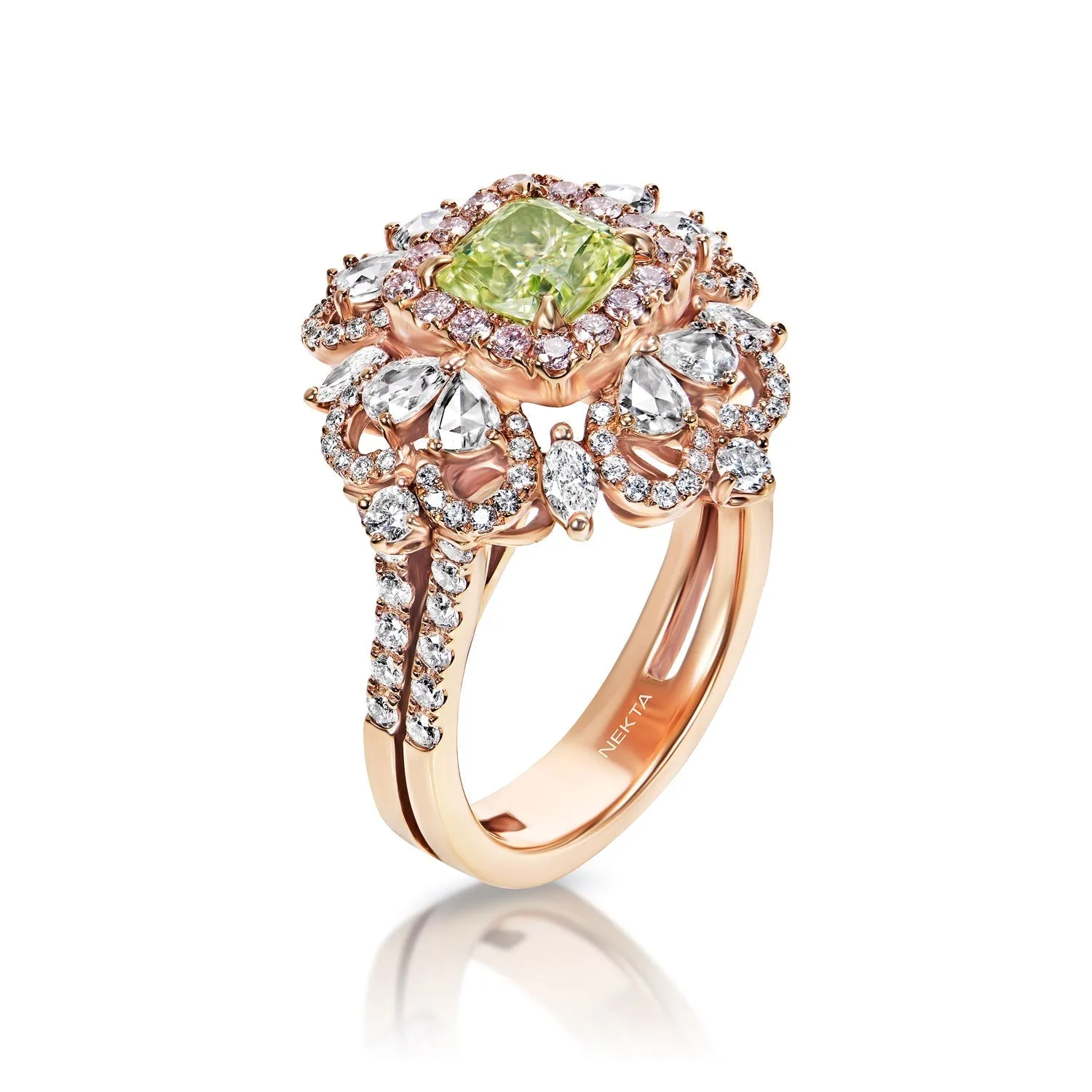 Yara 1 Carat Natural Fancy Yellow-Green SI1 Cushion Cut Diamond Engagement Ring in Rose Gold. By Mike Nekta GIA Certified