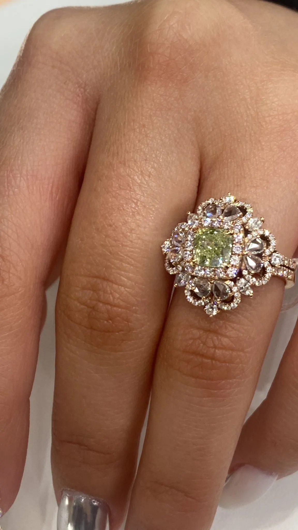 Yara 1 Carat Natural Fancy Yellow-Green SI1 Cushion Cut Diamond Engagement Ring in Rose Gold. By Mike Nekta GIA Certified